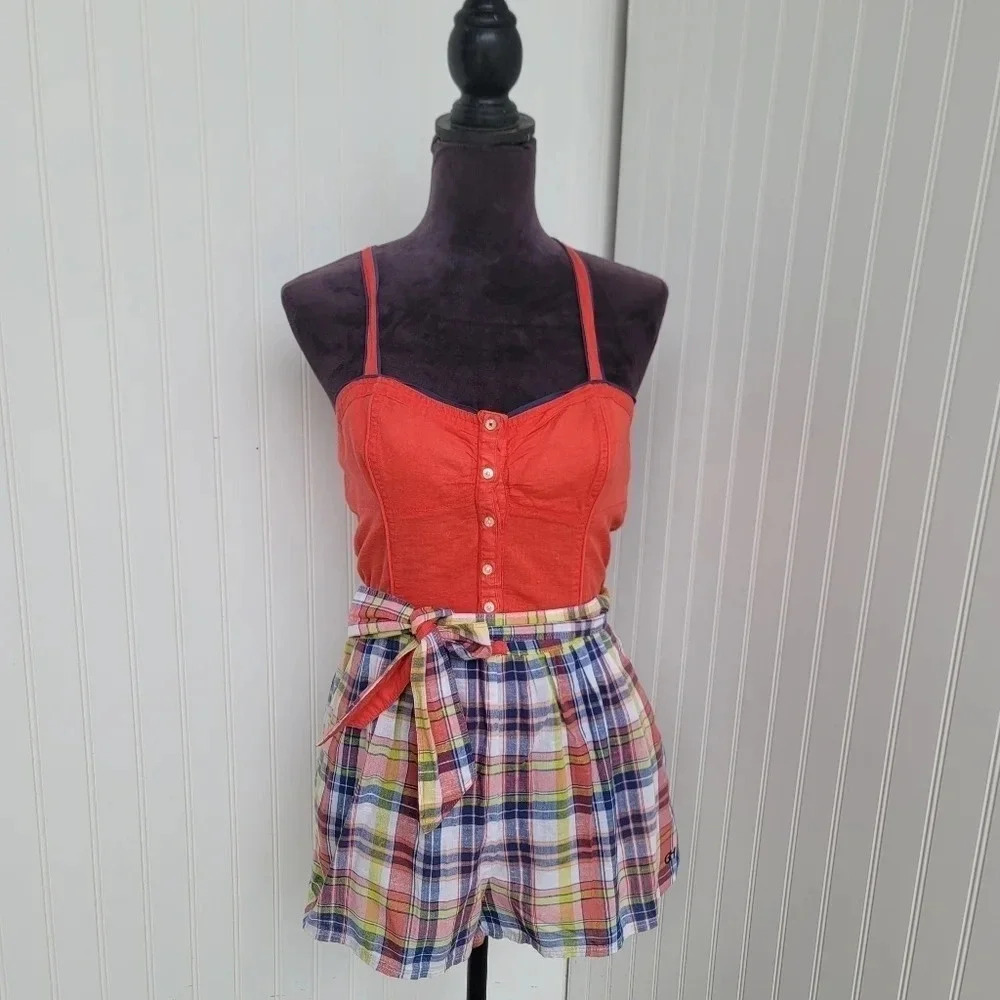 Gilly Hicks Sydney Hollister Womens Red Blue Cotton Button Tie Waist Romper Sz M